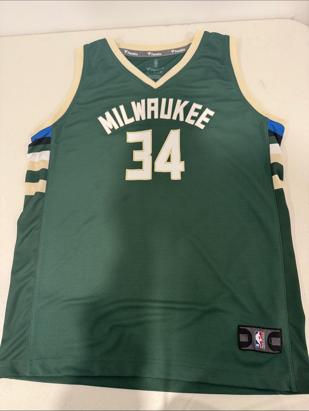 Fanatics Milwaukee Green #34 Basketball Jersey with Cream & Blue Trim